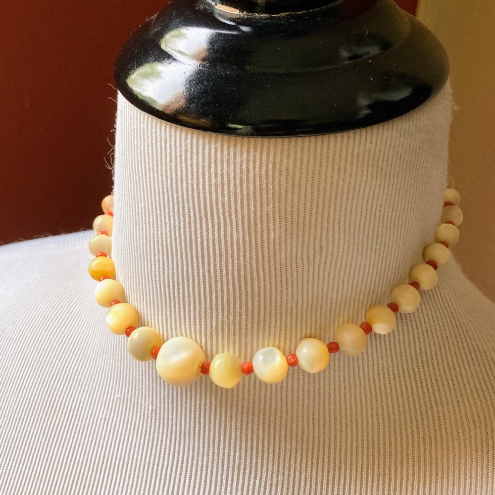 Antique Art Deco Mother of Pearl Coral Beads Graduated Necklace Sterling Silver - Picture 7 of 12